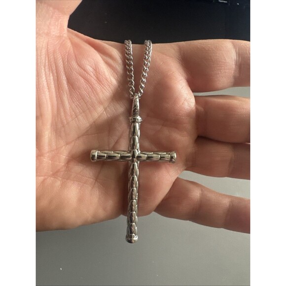 Vintage Jewelry Silver Tone Religious Cross Pendant 2.5 Inch Stainless Steel - Picture 5 of 6